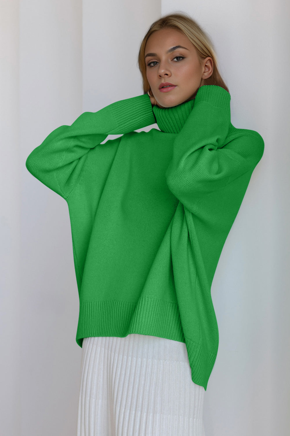 Forest Green Basic Bae Turtleneck Dropped Shoulder Long Sleeve Sweater Trends