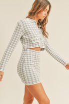 Light Gray MABLE Houndstooth Cropped Knit Cardigan and Mini Skirt Set Trends