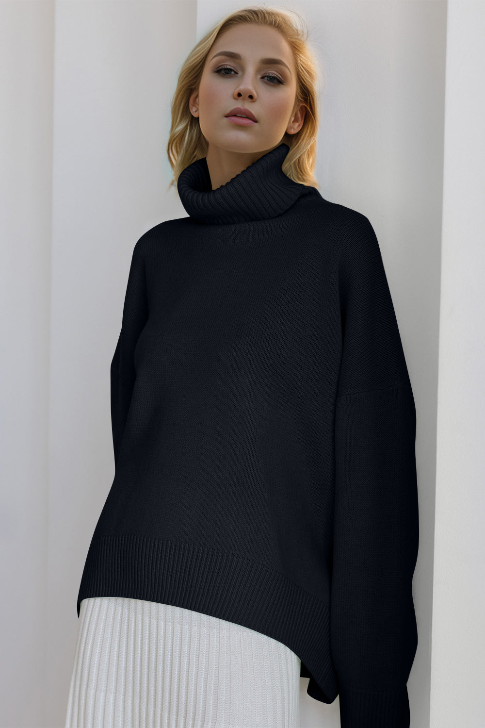 Black Basic Bae Turtleneck Dropped Shoulder Long Sleeve Sweater Trends