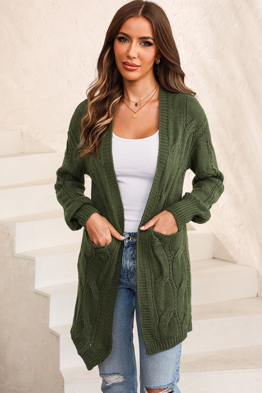 Dark Slate Gray Cable-Knit Dropped Shoulder Cardigan Clothing