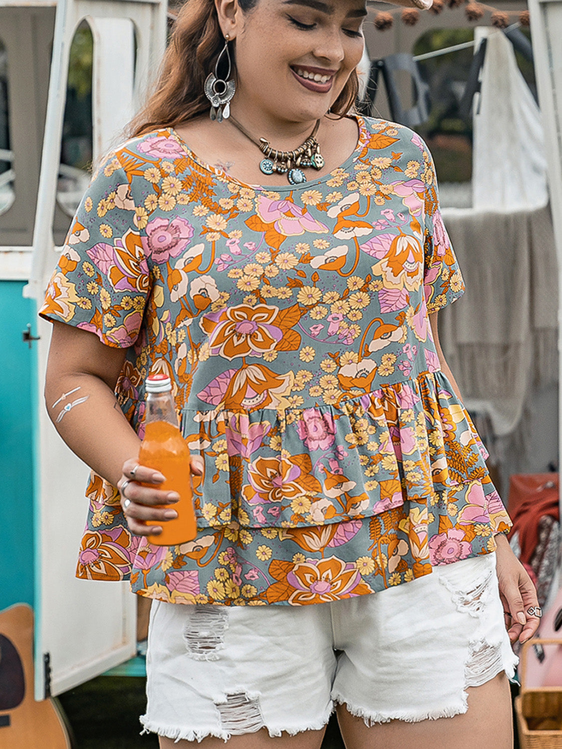 Rosy Brown Plus Size Layered Printed Round Neck Short Sleeve Blouse