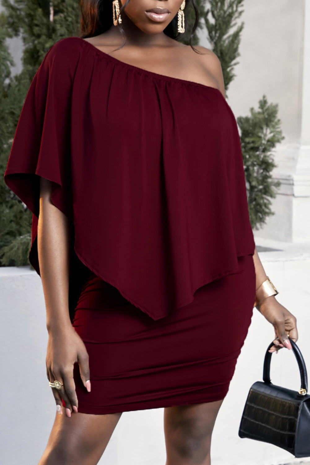 Light Gray Plus Size One-Shoulder Half Sleeve Mini Dress Plus Size Clothes