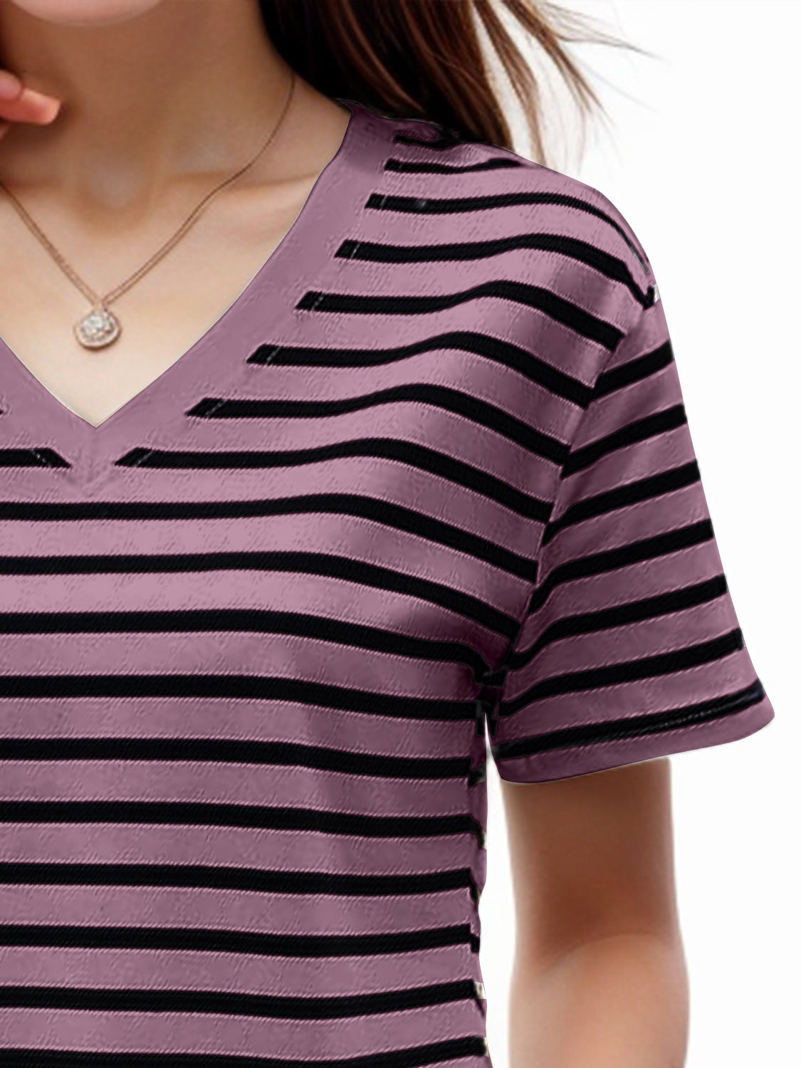 Dim Gray Plus Size Striped V-Neck Short Sleeve T-Shirt Vacation