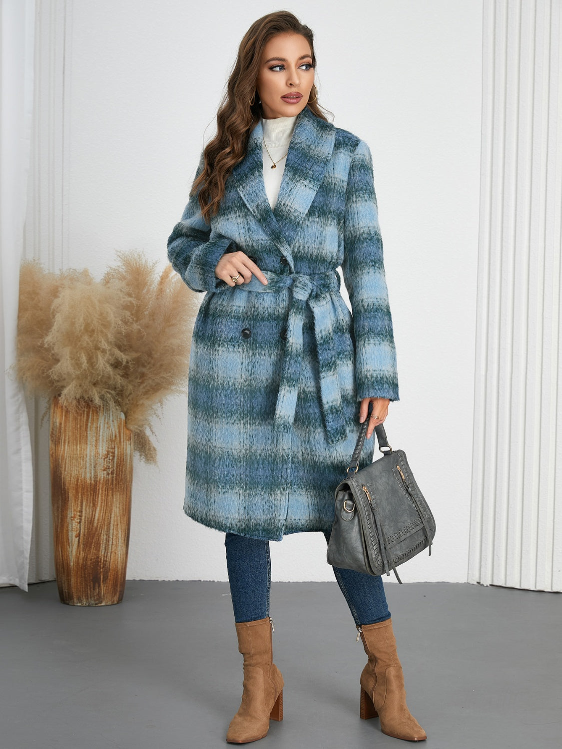 Light Gray Plaid Tie Waist Long Sleeve Coat Coats & Jackets