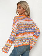 Antique White Rainbow Stripe Openwork Flare Sleeve Knit Top