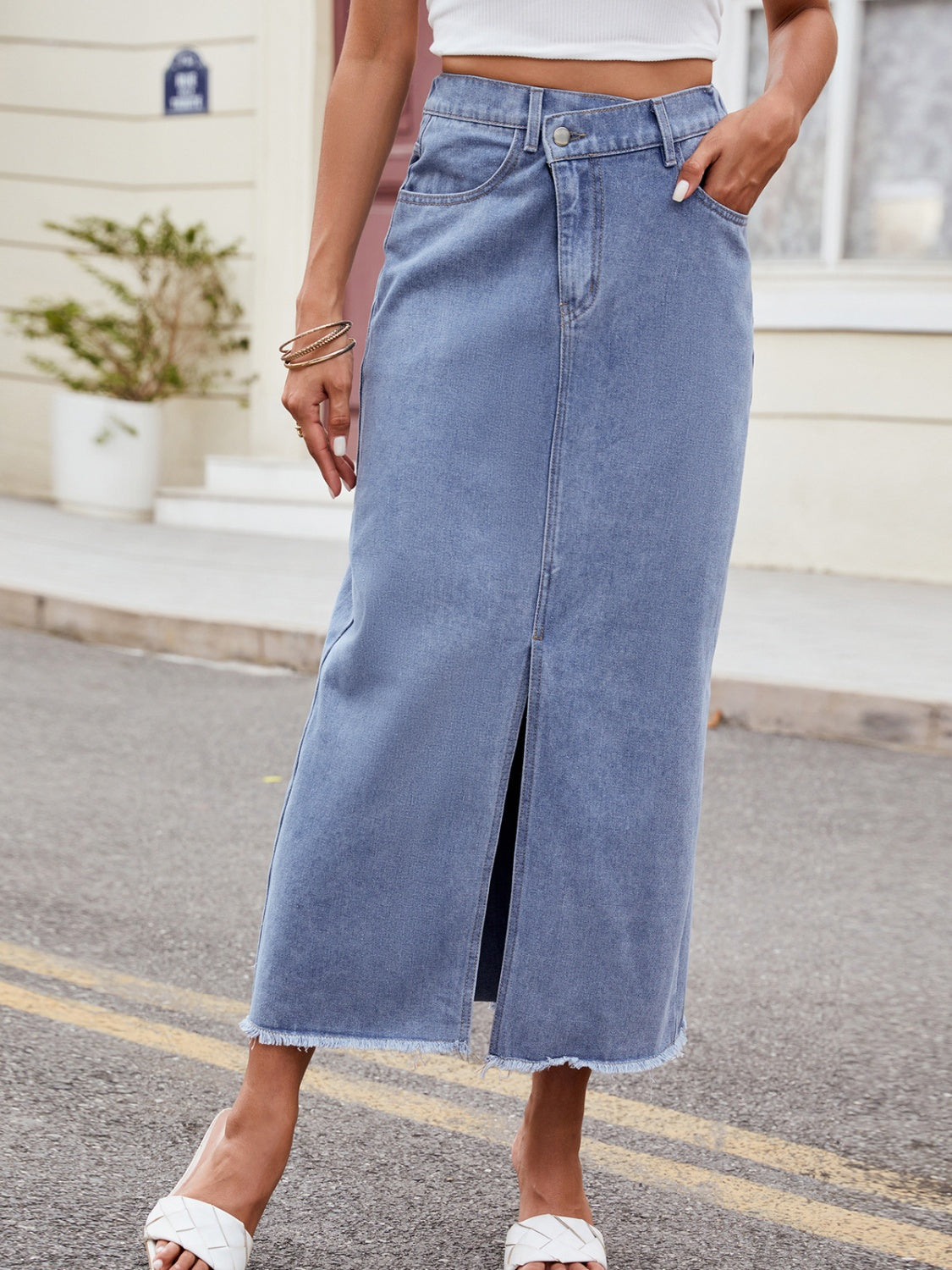 Gray Slit Asymmetrical Waist Denim Skirt Denim