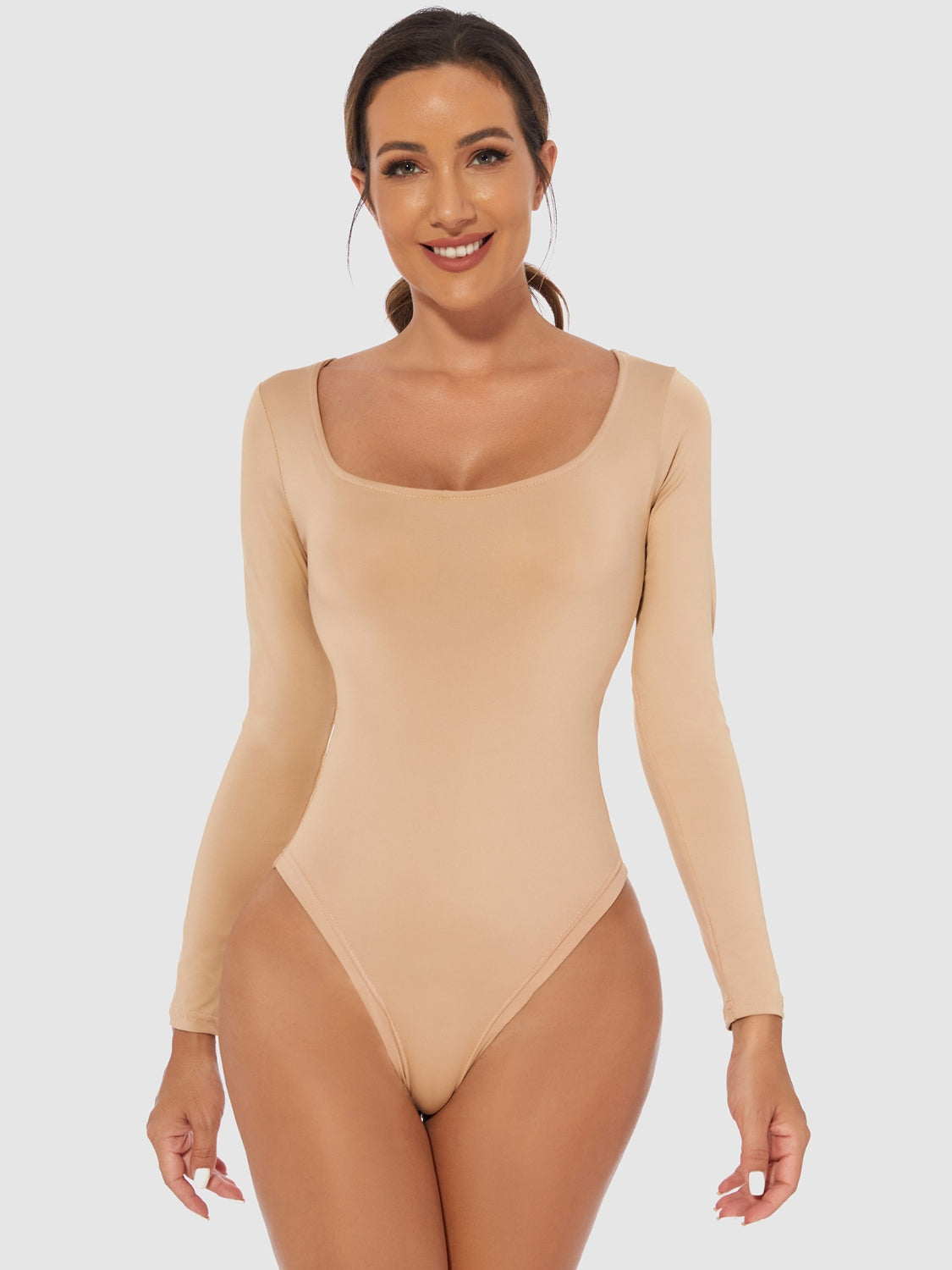 Light Gray Full Size Scoop Neck Long Sleeve Bodysuit Trends