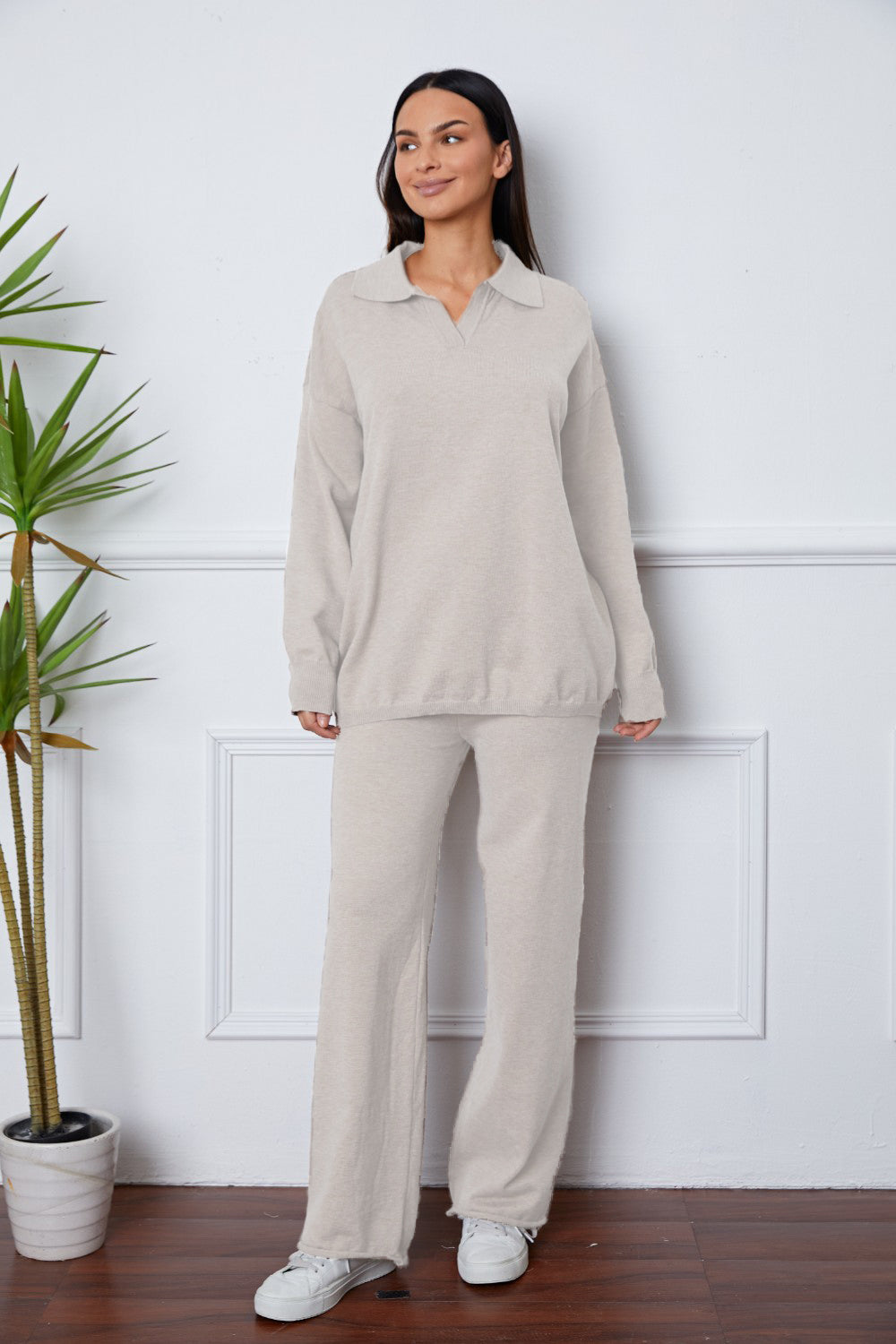 Light Gray Soulful Dropped Shoulder Sweater and Long Pants Set Set