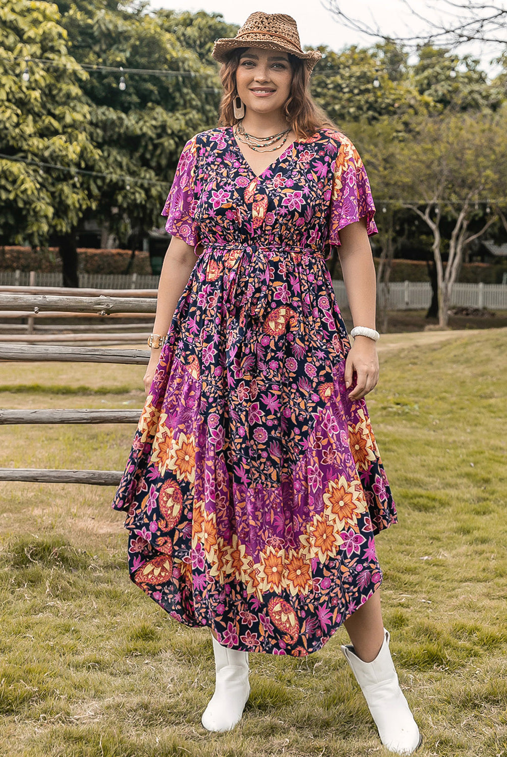 Rosy Brown Plus Size Printed V-Neck Flutter Sleeve Midi Dress