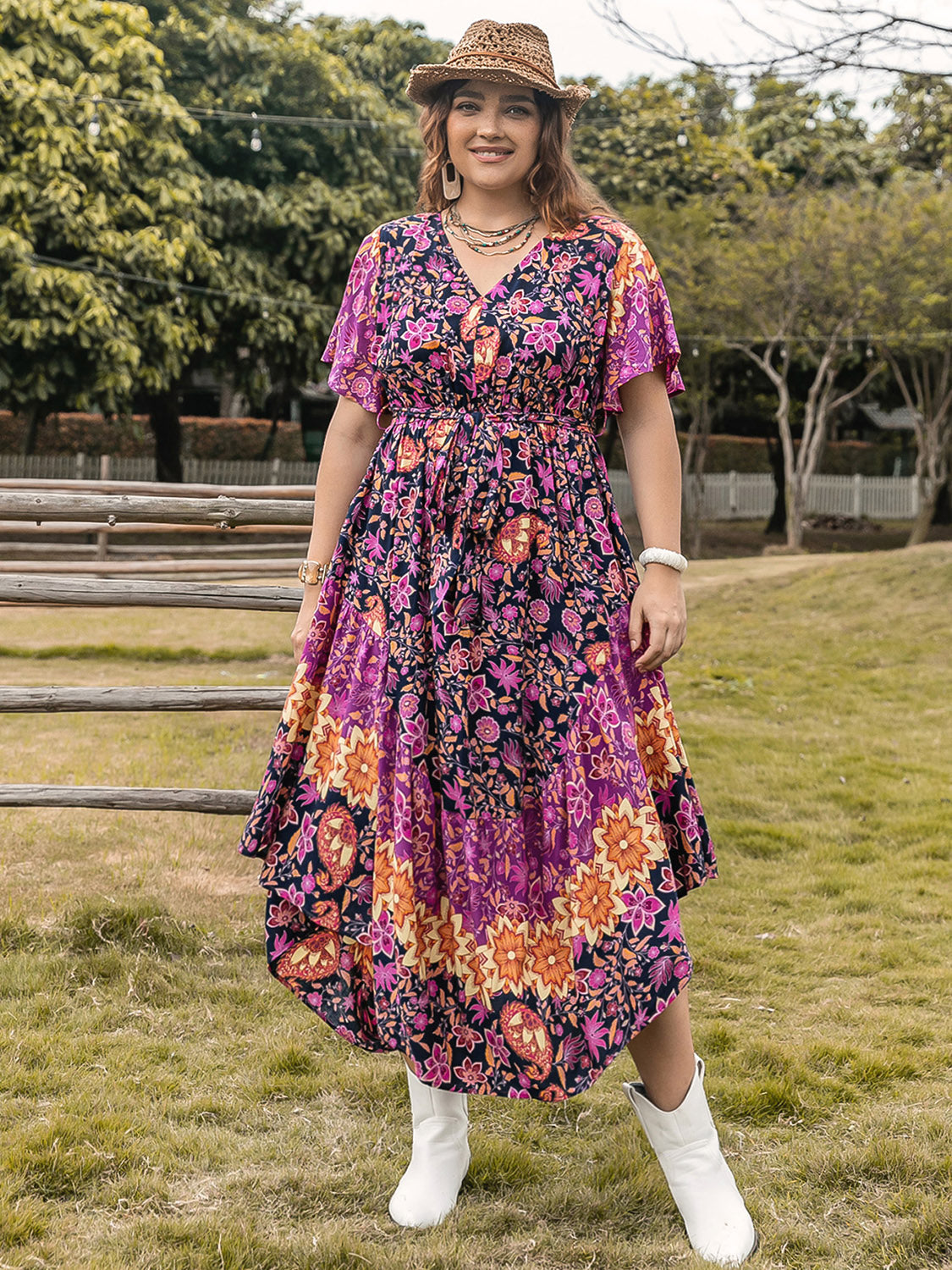 Rosy Brown Plus Size Printed V-Neck Flutter Sleeve Midi Dress