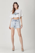 Light Gray RISEN Raw Hem Distressed High Rise Denim Shorts Denim