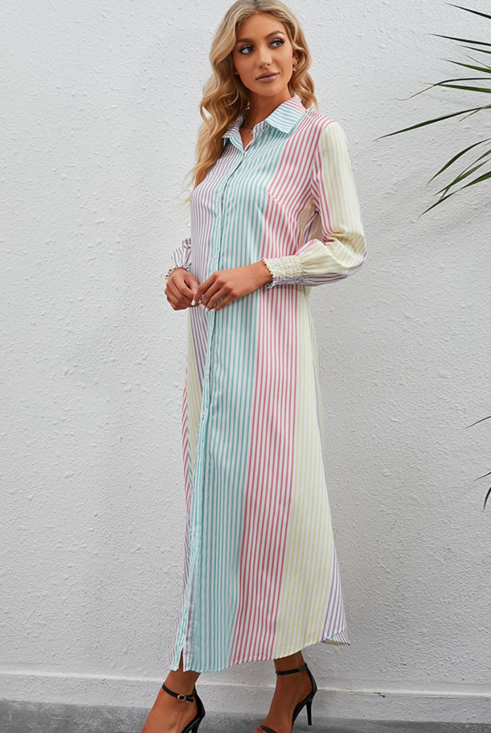 Gray Rainbow Stripe Button-Up Maxi Shirt Dress