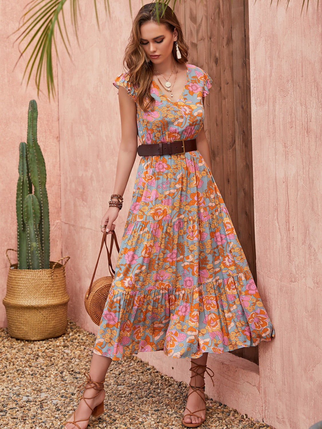 Rosy Brown Ruffled Printed V-Neck Cap Sleeve Tiered Dress