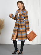 Light Gray Tied Plaid Collared Neck Coat Coats & Jackets