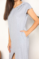 Light Gray Perfee Short Sleeve Front Slit Hooded Dress Dress