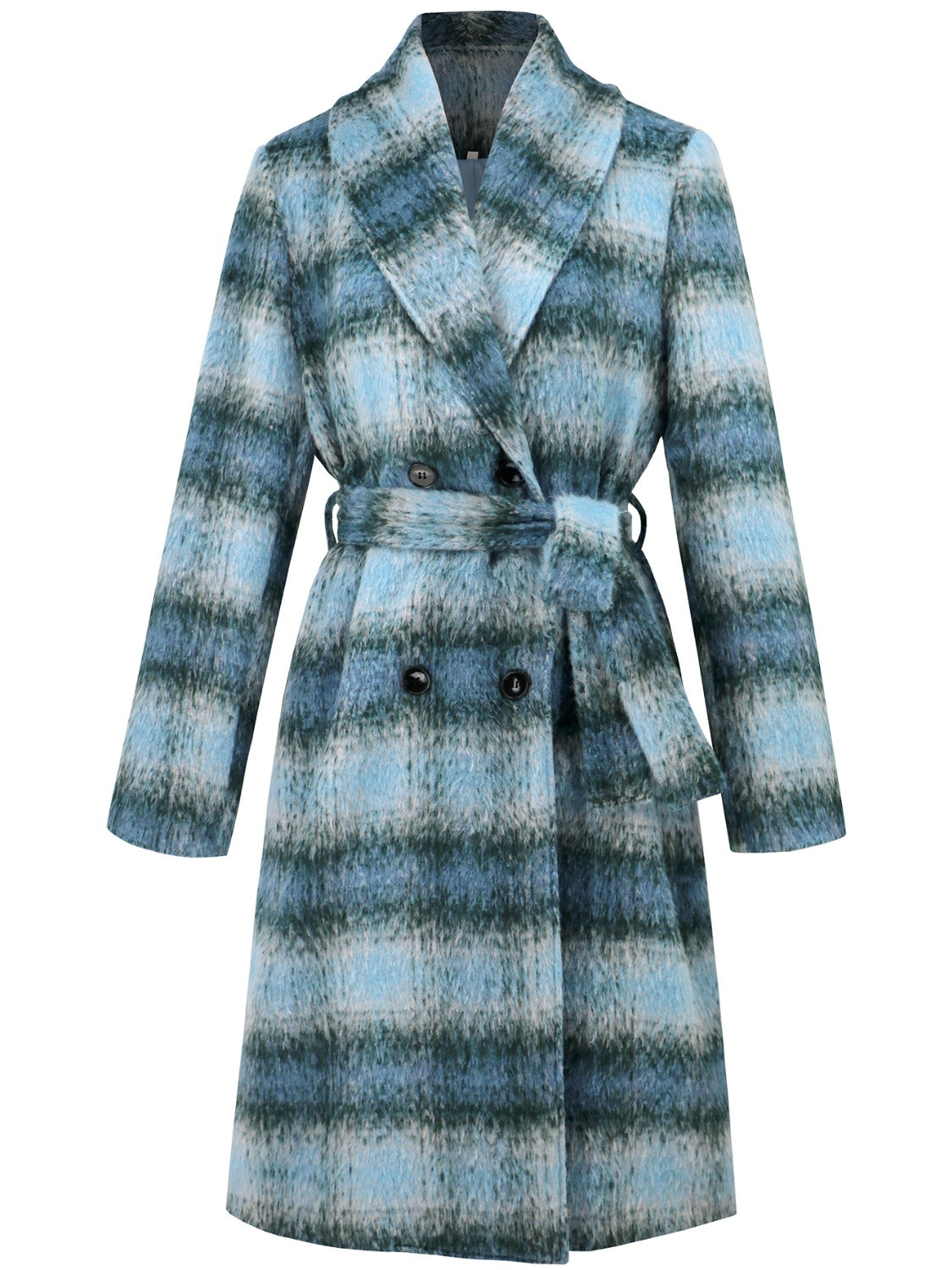 Slate Gray Plaid Tie Waist Long Sleeve Coat Coats & Jackets