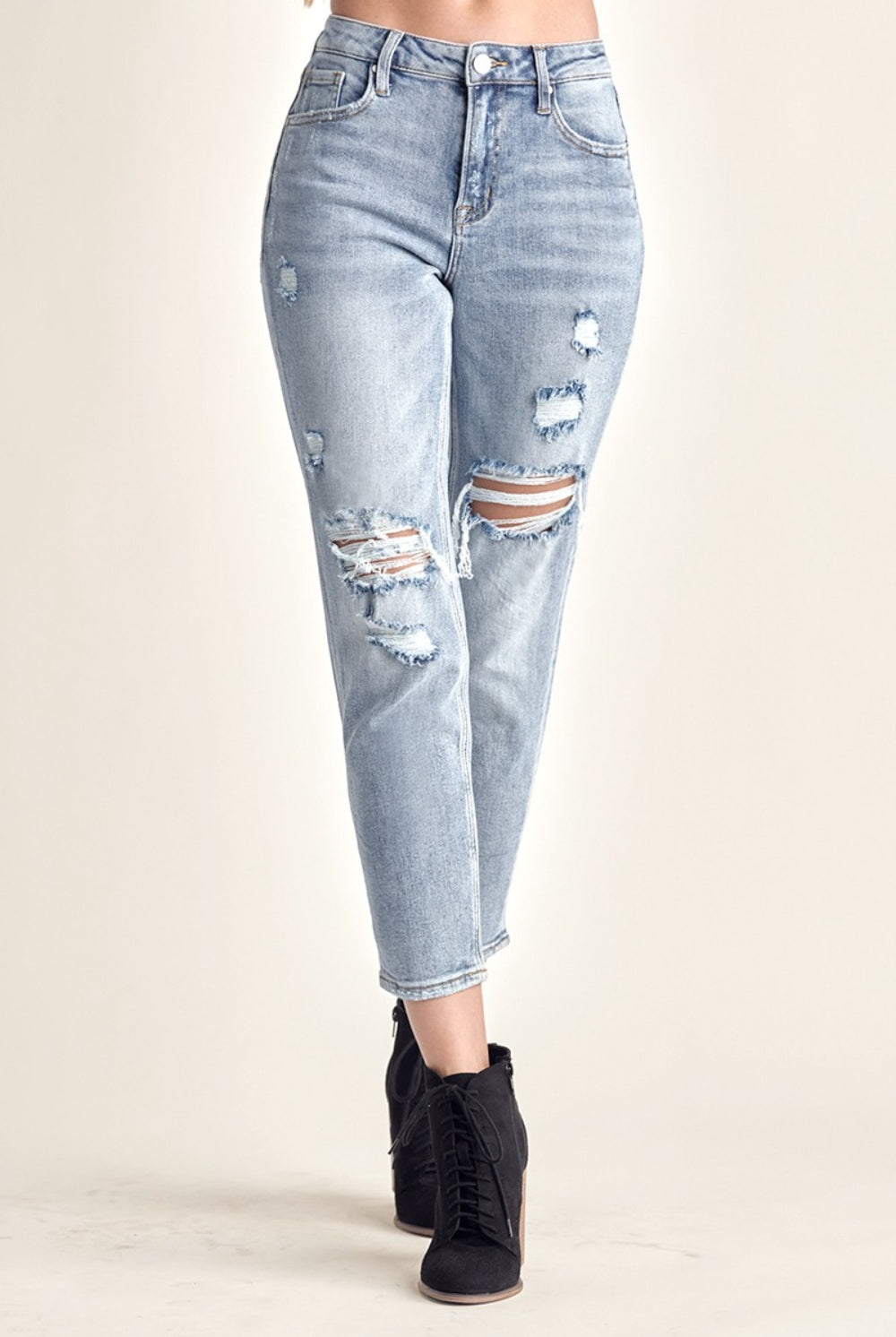 Antique White RISEN Distressed Slim Cropped Jeans Denim