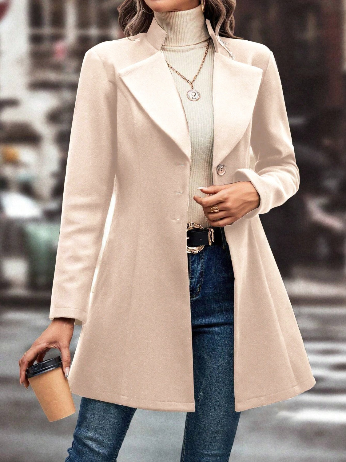 Dark Gray Collared Neck Long Sleeve Longline Coat Coats & Jackets