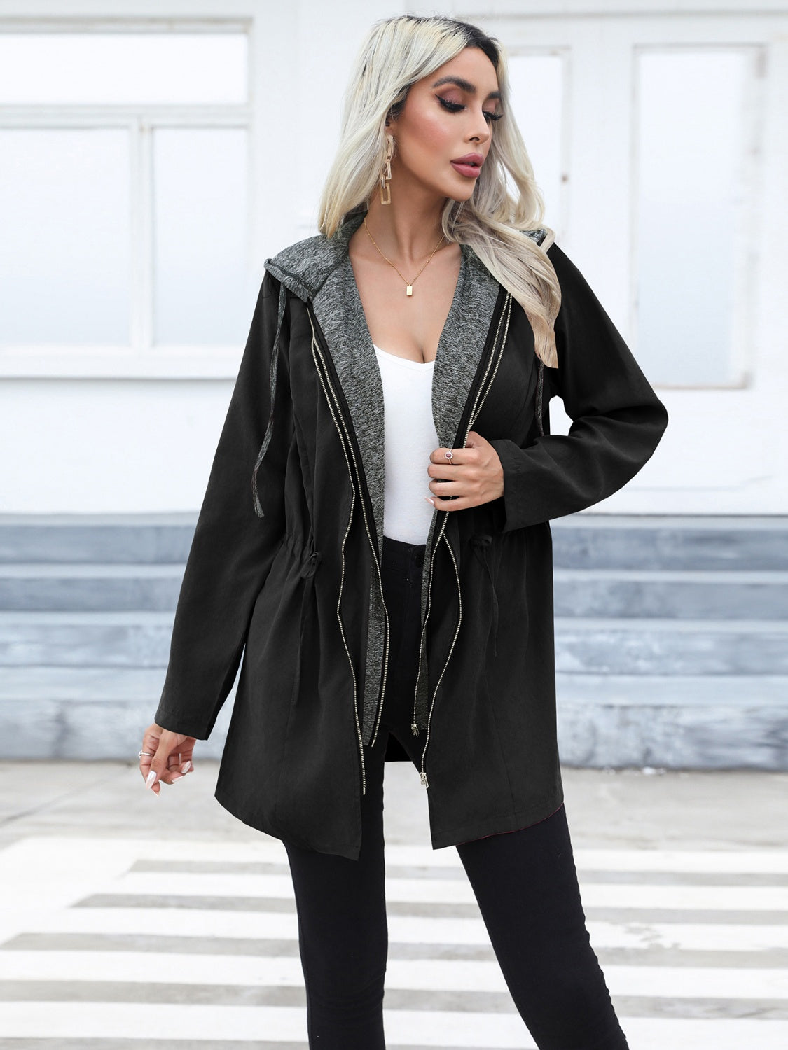 Black Zip Up Drawstring Hooded Trench Coat Coats & Jackets