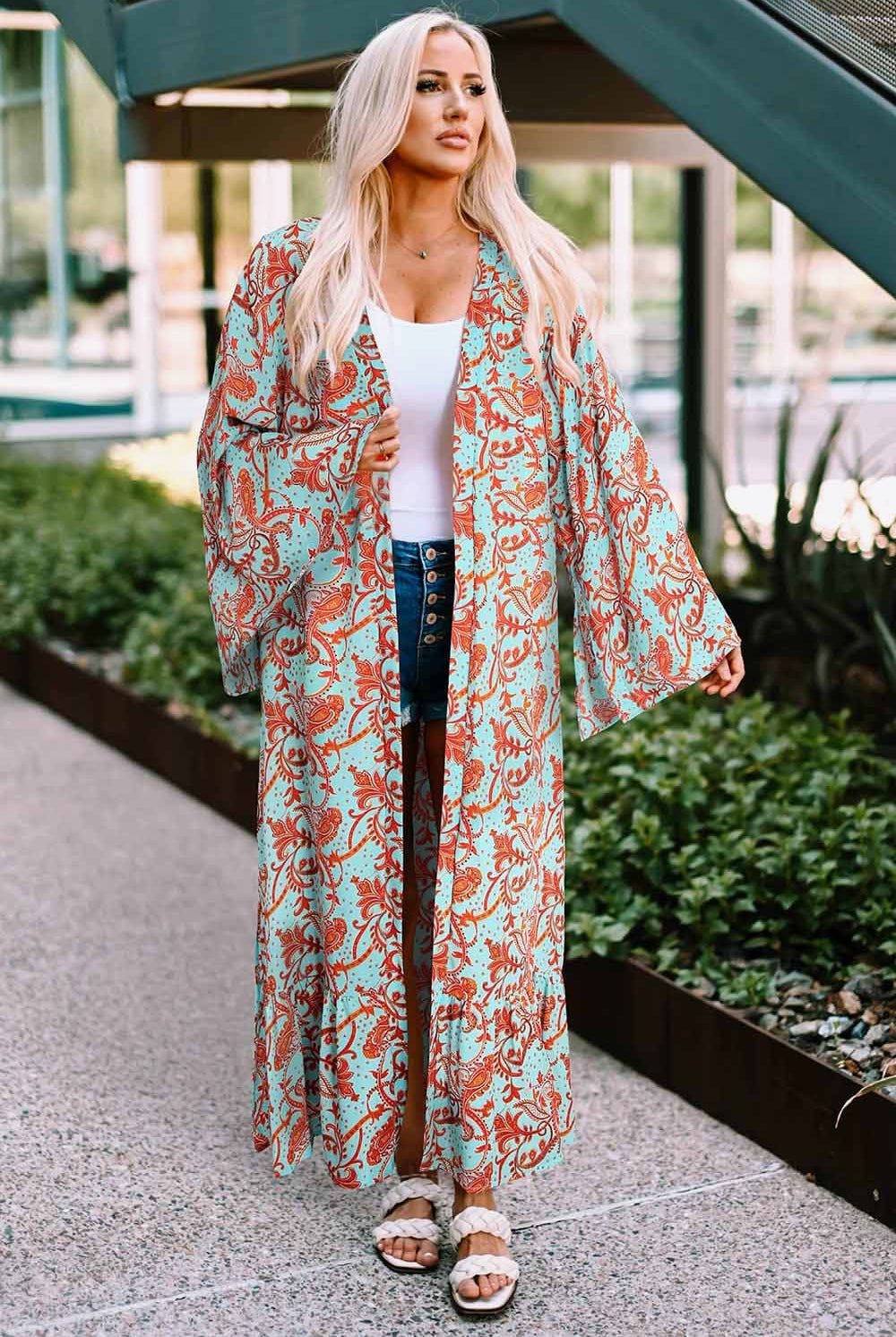 Gray Printed Open Front Duster Cardigan