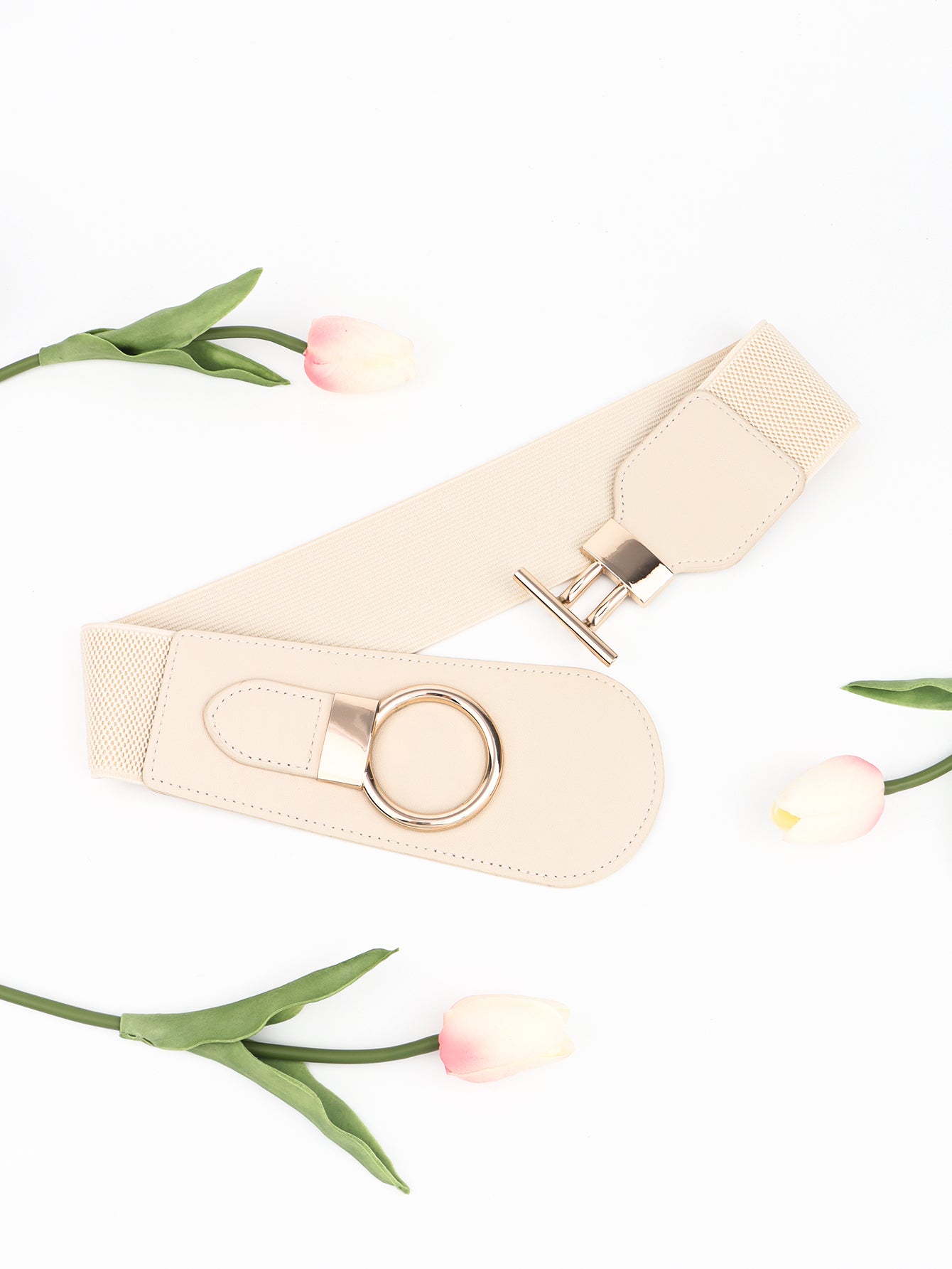 Beige PU Elastic Wide Belt with Alloy Buckle Trends