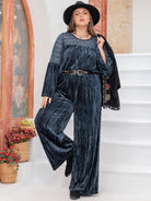 Dark Slate Gray Plus Size Round Neck Flare Sleeve Top and Pants Set