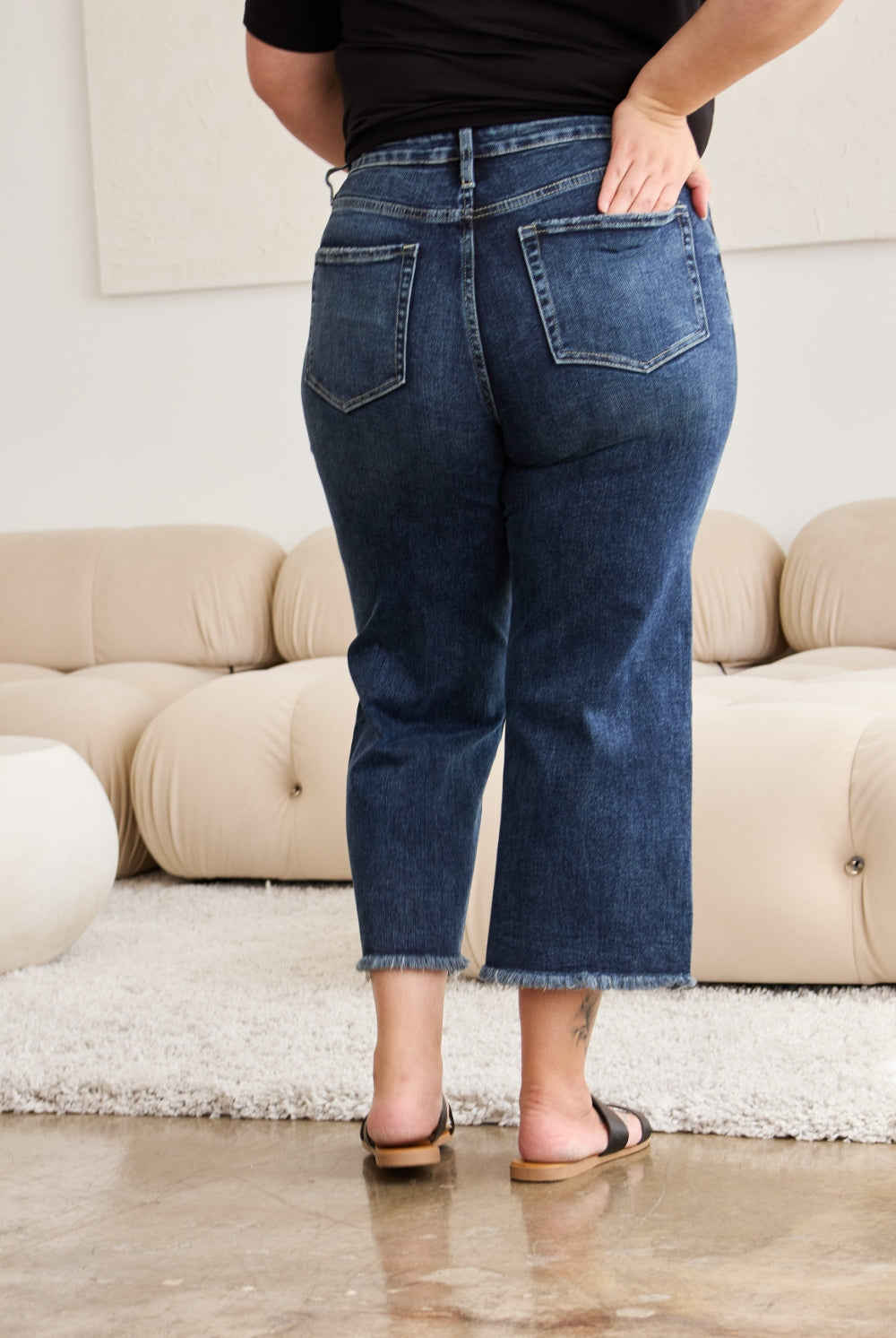 Gray RFM Full Size Tummy Control High Waist Raw Hem Jeans Denim
