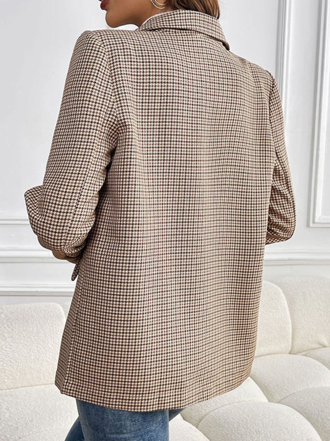 Light Gray Perfee Plaid Lapel Collar Long Sleeve Blazer Coats & Jackets