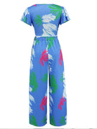 Steel Blue Printed V-Neck Top and Tied Pants Set Vacation