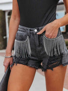 Dark Slate Gray Distressed Fringe Denim Shorts with Pockets Denim