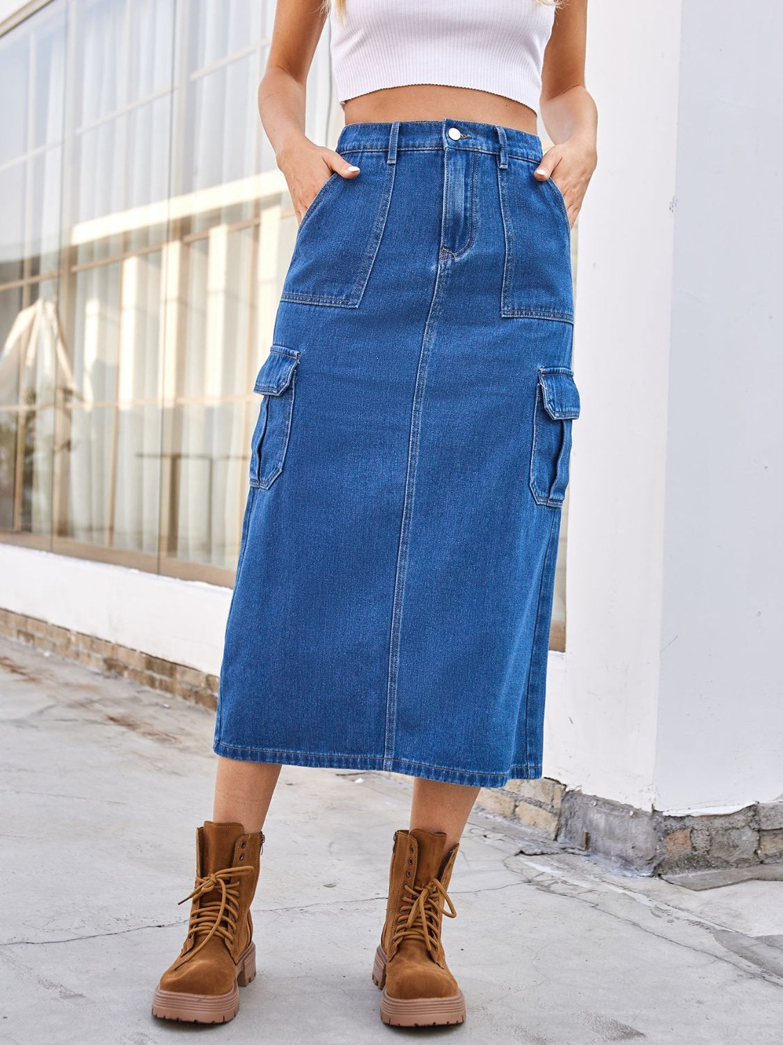 Light Gray Slit Midi Denim Skirt with Pockets Denim