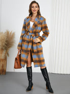 Light Gray Tied Plaid Collared Neck Coat Coats & Jackets