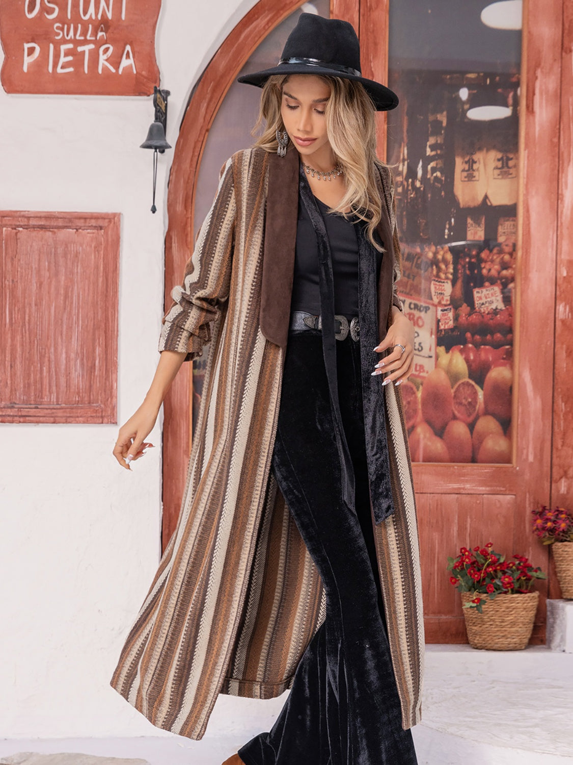 Rosy Brown Striped Open Front Long Sleeve Outerwear Coats & Jackets