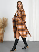 Light Gray Tied Plaid Collared Neck Coat Coats & Jackets