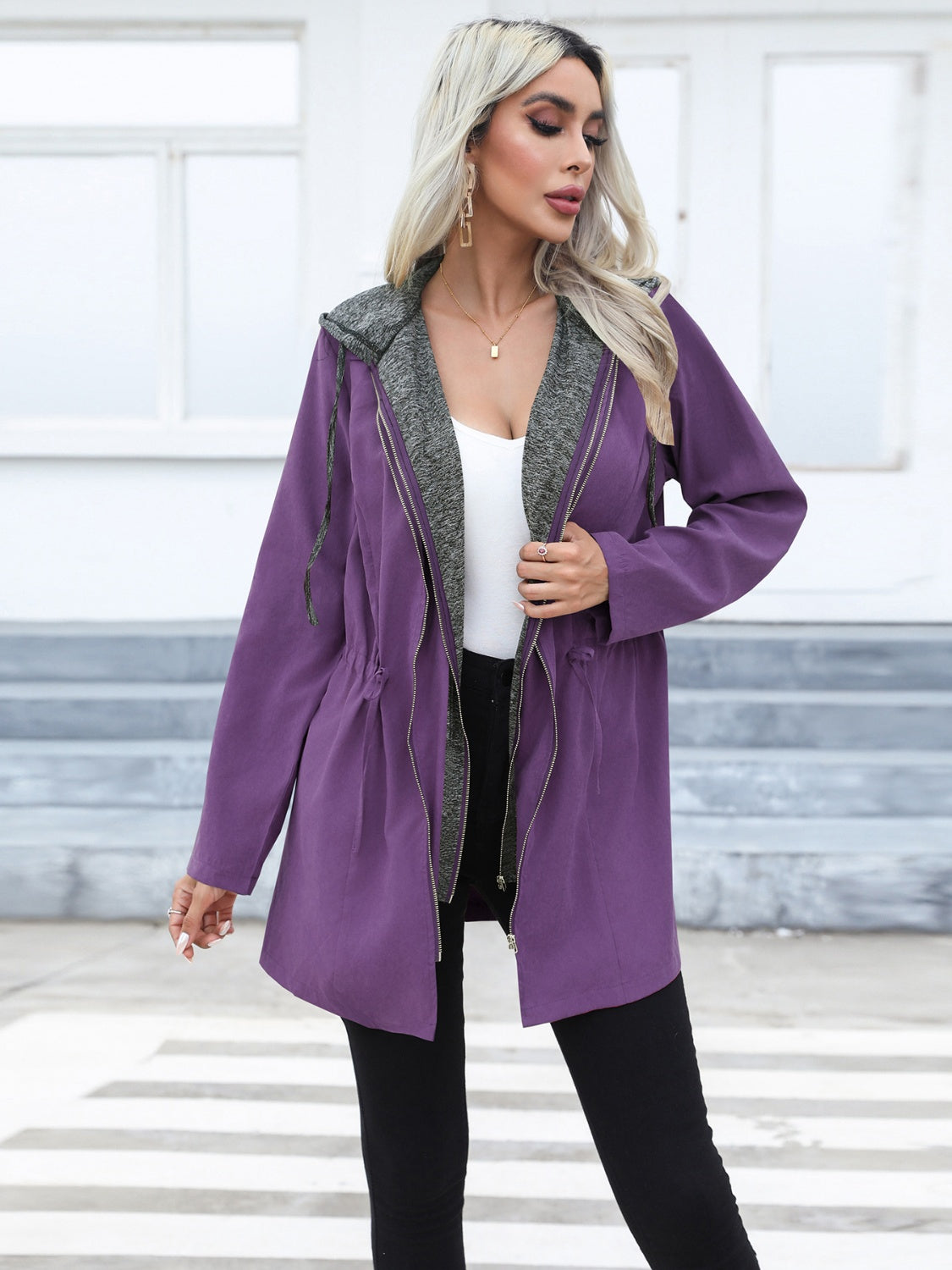 Lavender Zip Up Drawstring Hooded Trench Coat Coats & Jackets