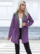 Lavender Zip Up Drawstring Hooded Trench Coat Coats & Jackets