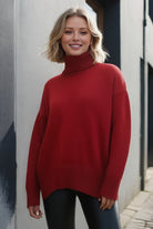 Saddle Brown Basic Bae Turtleneck Dropped Shoulder Long Sleeve Sweater Trends