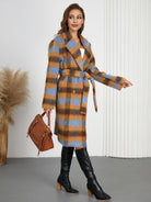 Light Gray Tied Plaid Collared Neck Coat Coats & Jackets