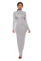 Gray Mock Neck Long Sleeve Maxi Slim Dress Trends