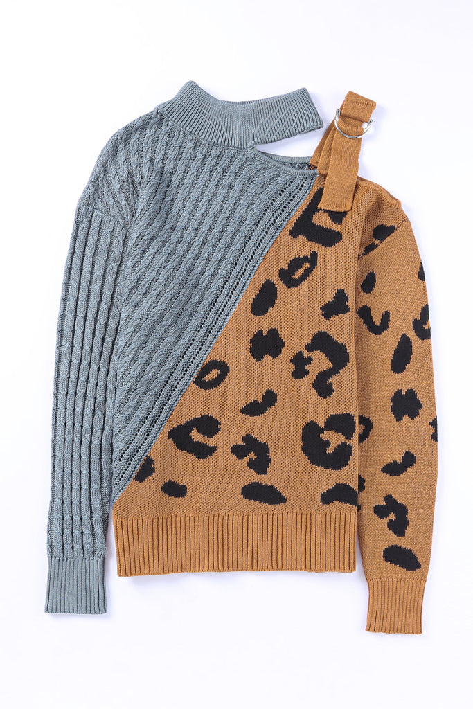 Rosy Brown Leopard Color Block Turtleneck Sweater Shirts & Tops