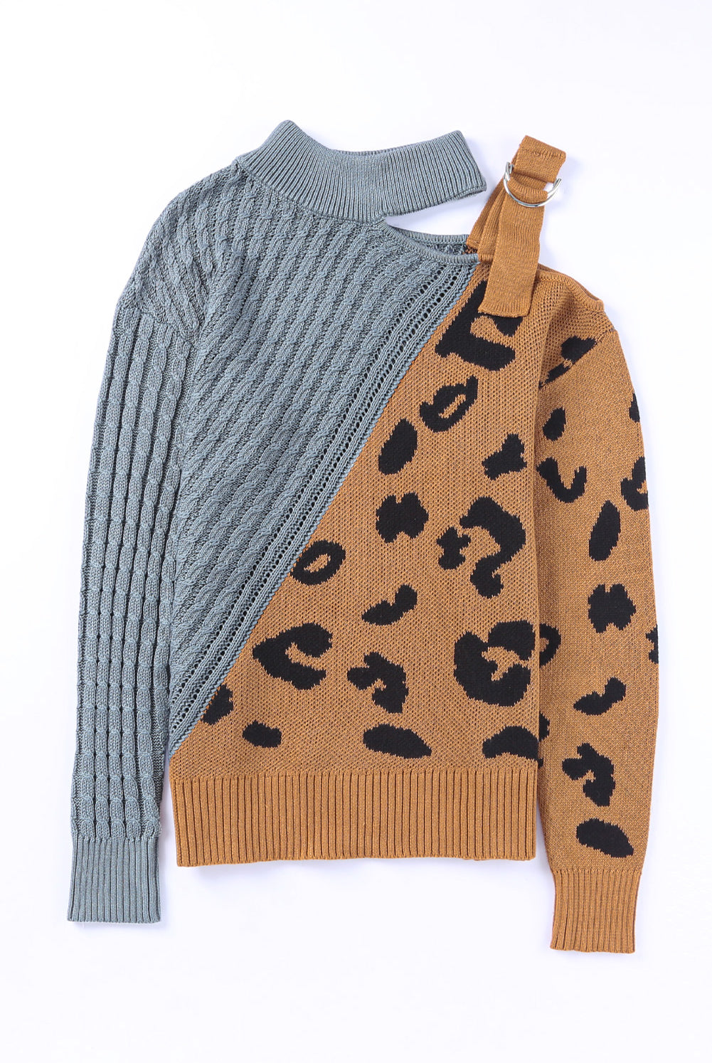 Rosy Brown Leopard Color Block Turtleneck Sweater Shirts & Tops