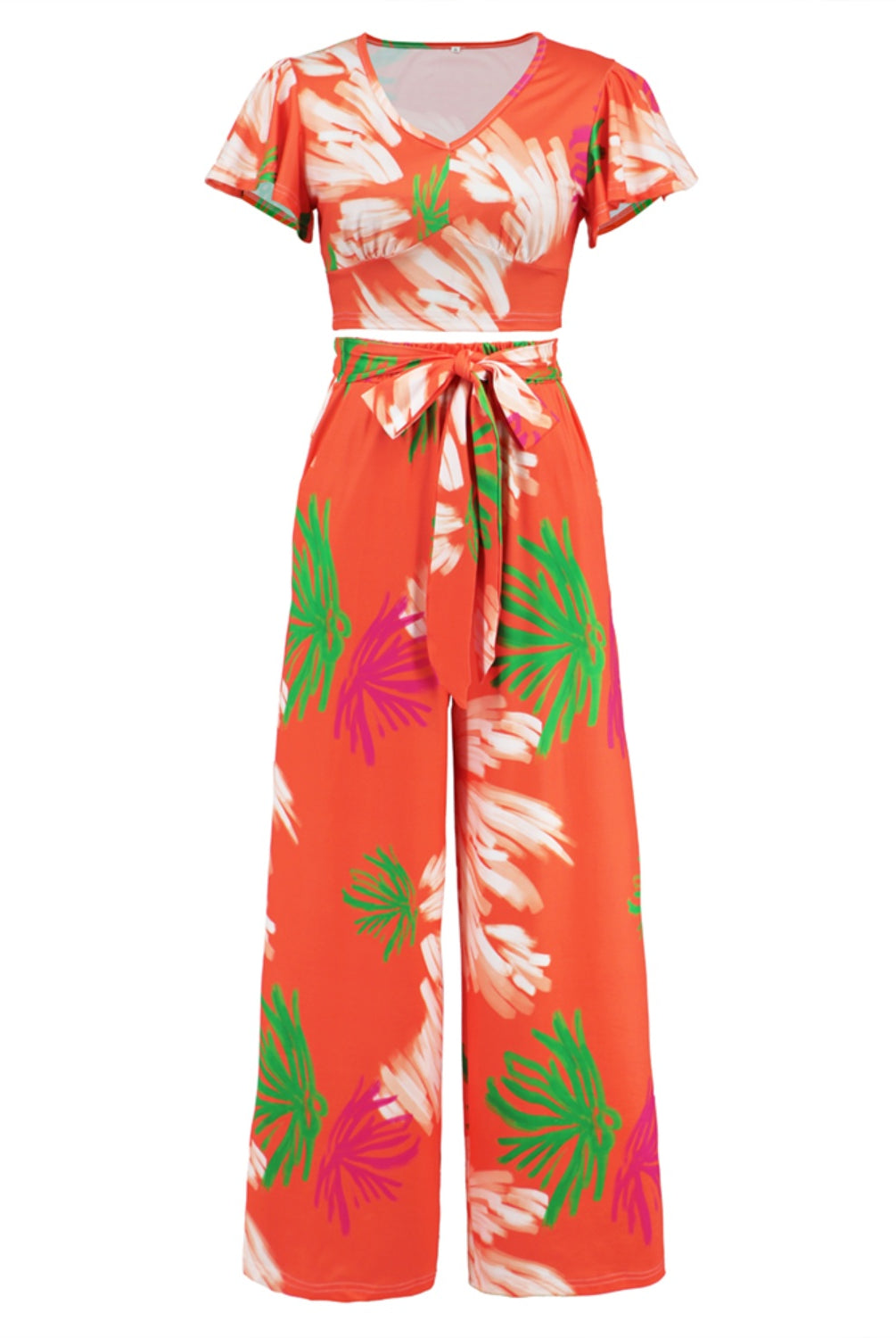 Tomato Printed V-Neck Top and Tied Pants Set Vacation