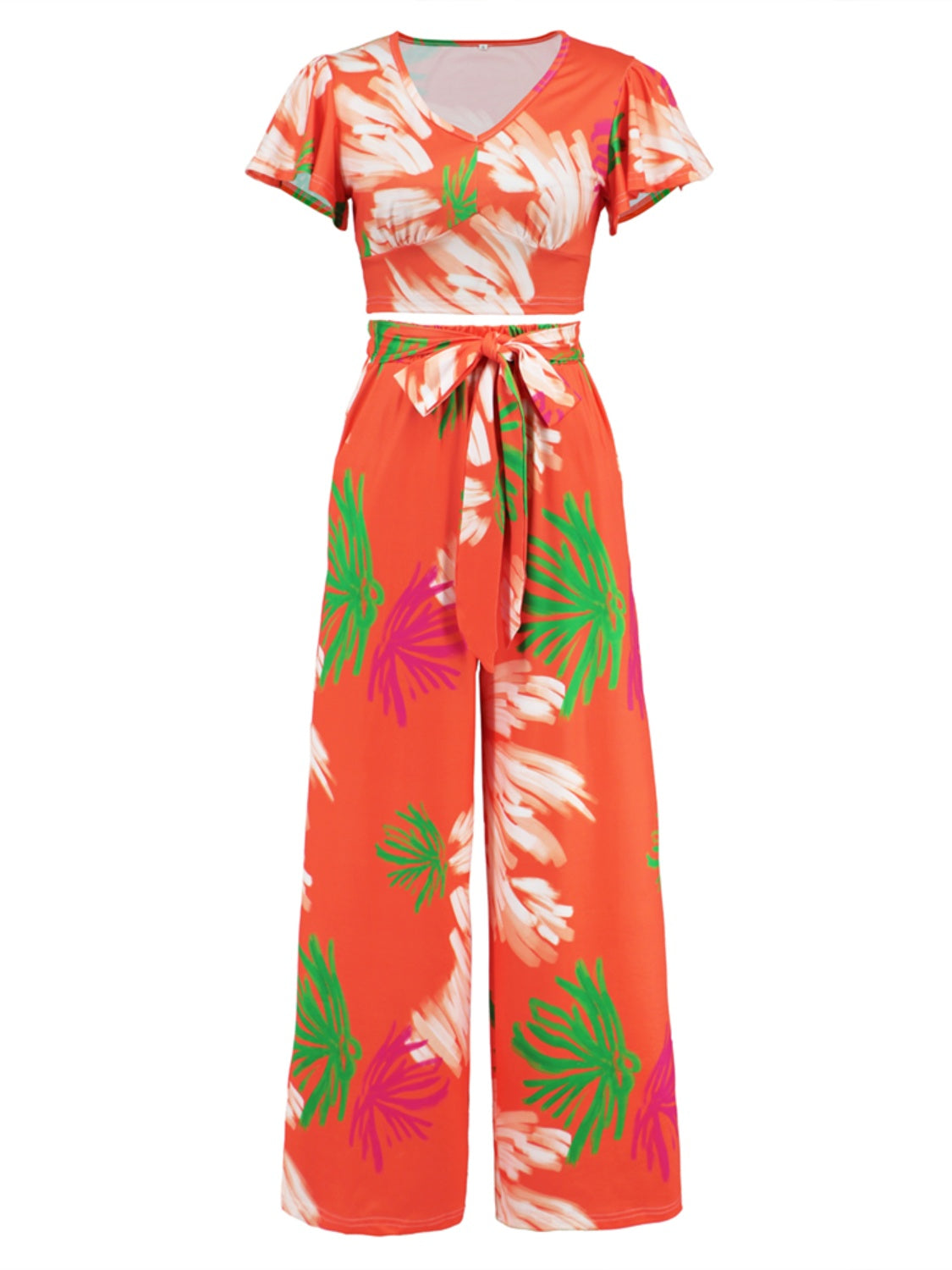 Tomato Printed V-Neck Top and Tied Pants Set Vacation