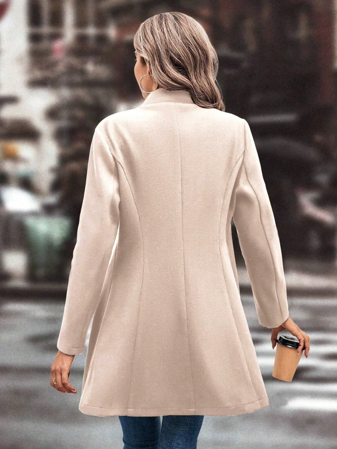 Gray Collared Neck Long Sleeve Longline Coat Coats & Jackets