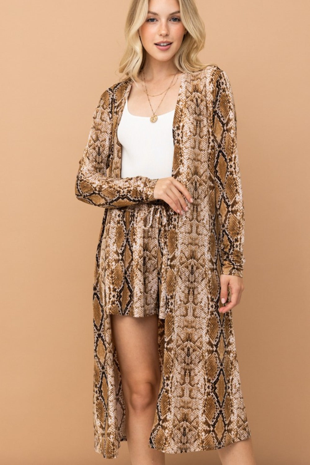 Tan And The Why Snake Print Kimono Open Front Longline Cardigan Coats & Jackets