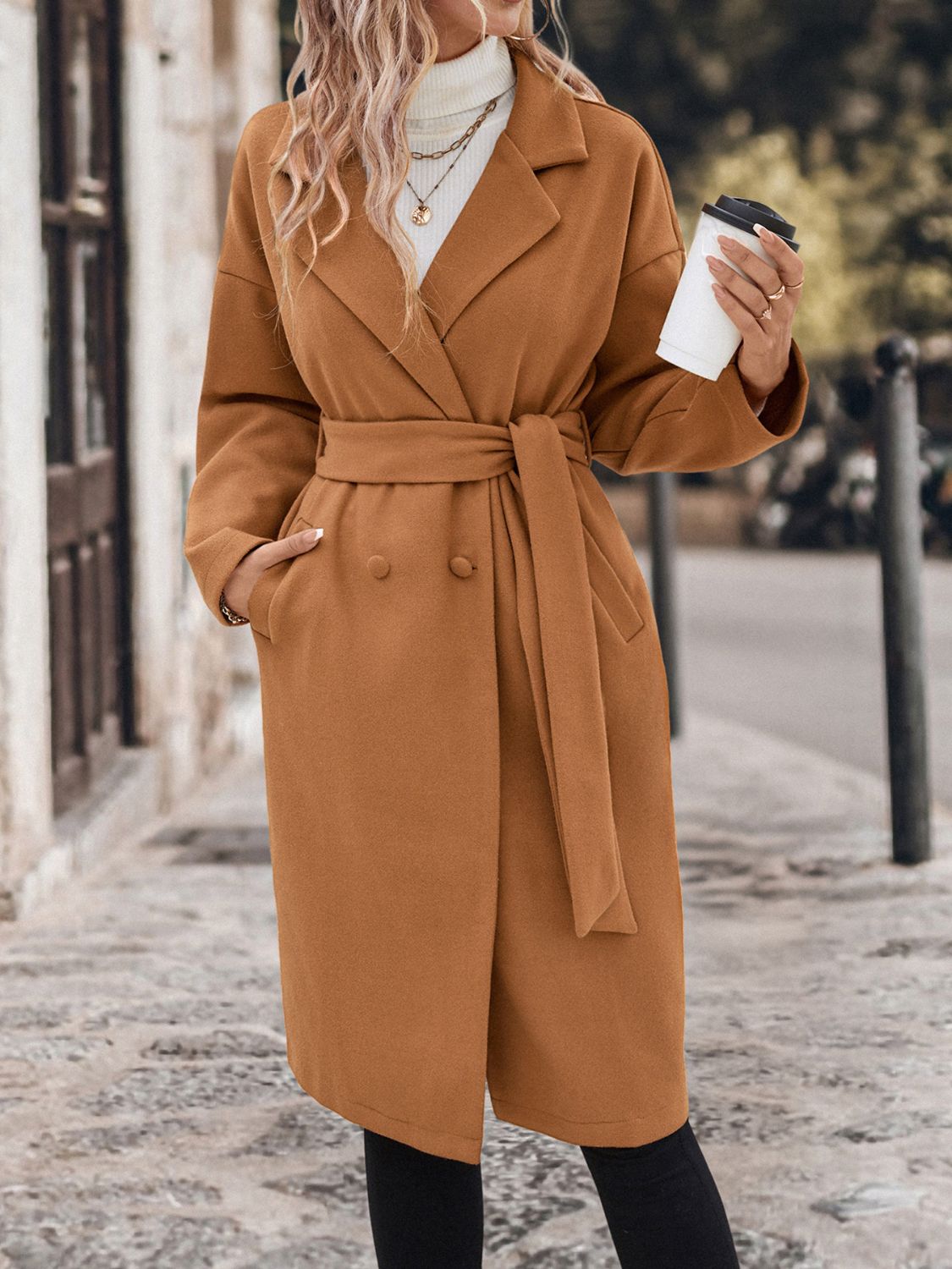 Rosy Brown Perfee Dropped Shoulder Tie Waist Coat Coats & Jackets