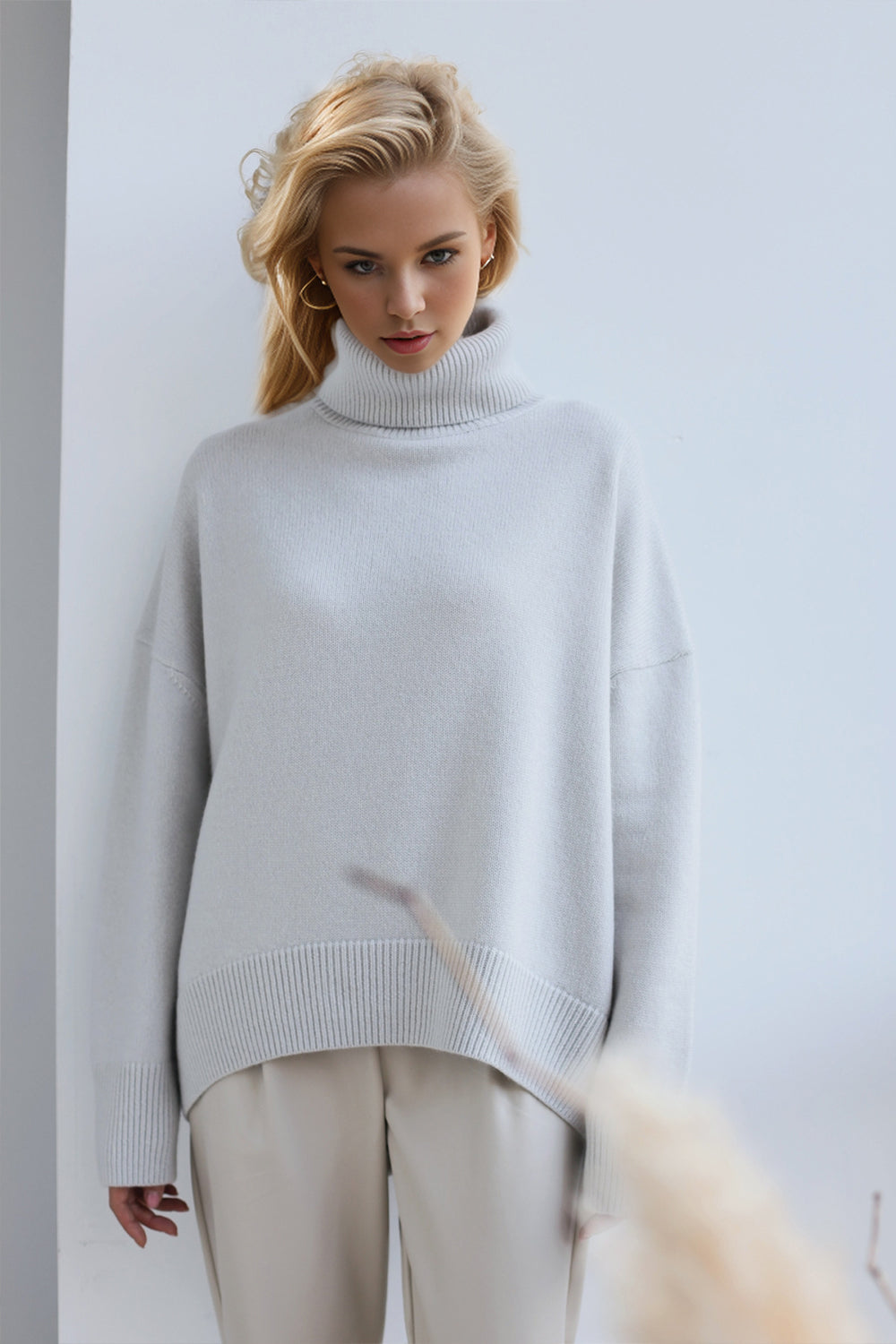 Gray Basic Bae Turtleneck Dropped Shoulder Long Sleeve Sweater Trends