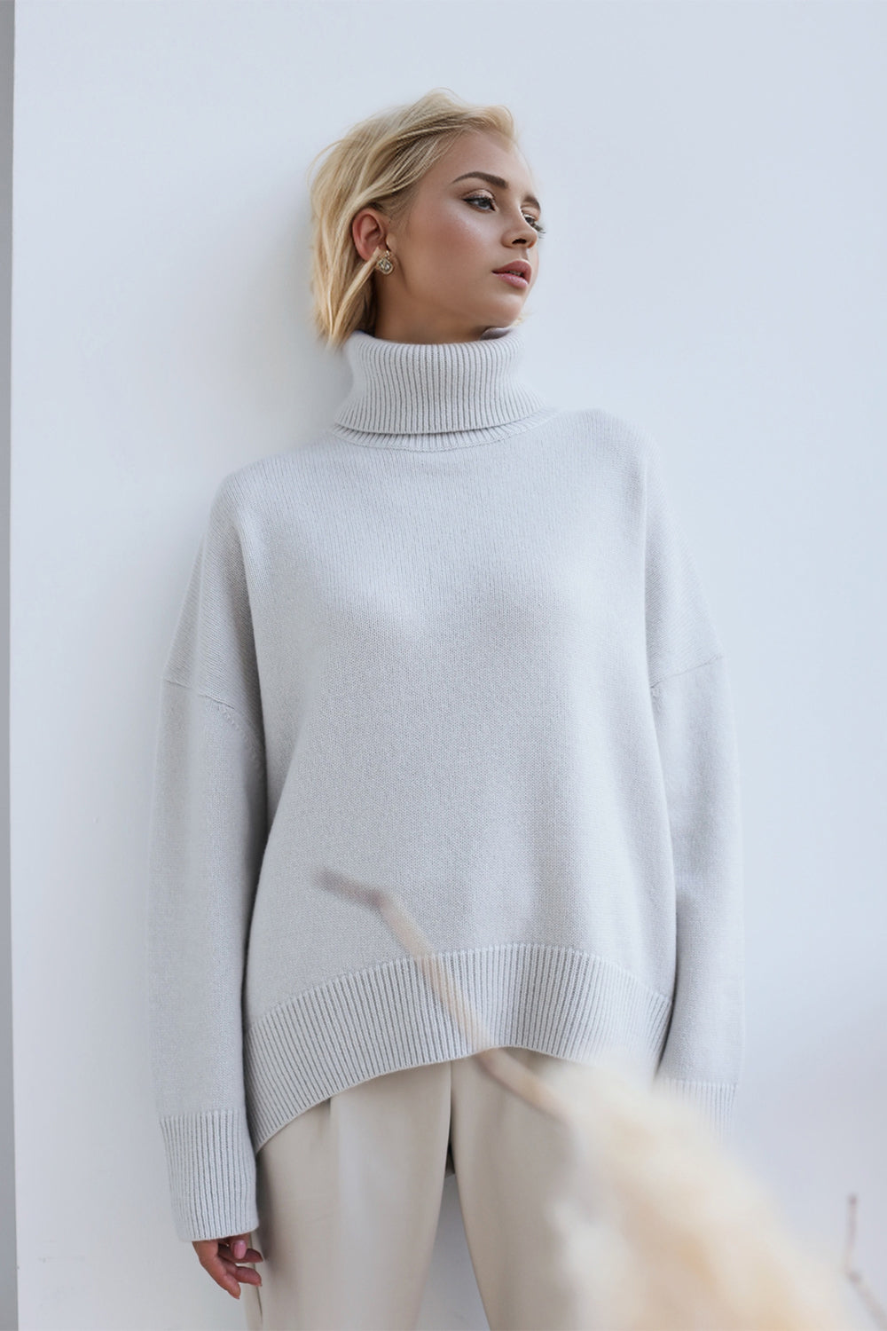 Light Gray Basic Bae Turtleneck Dropped Shoulder Long Sleeve Sweater Trends