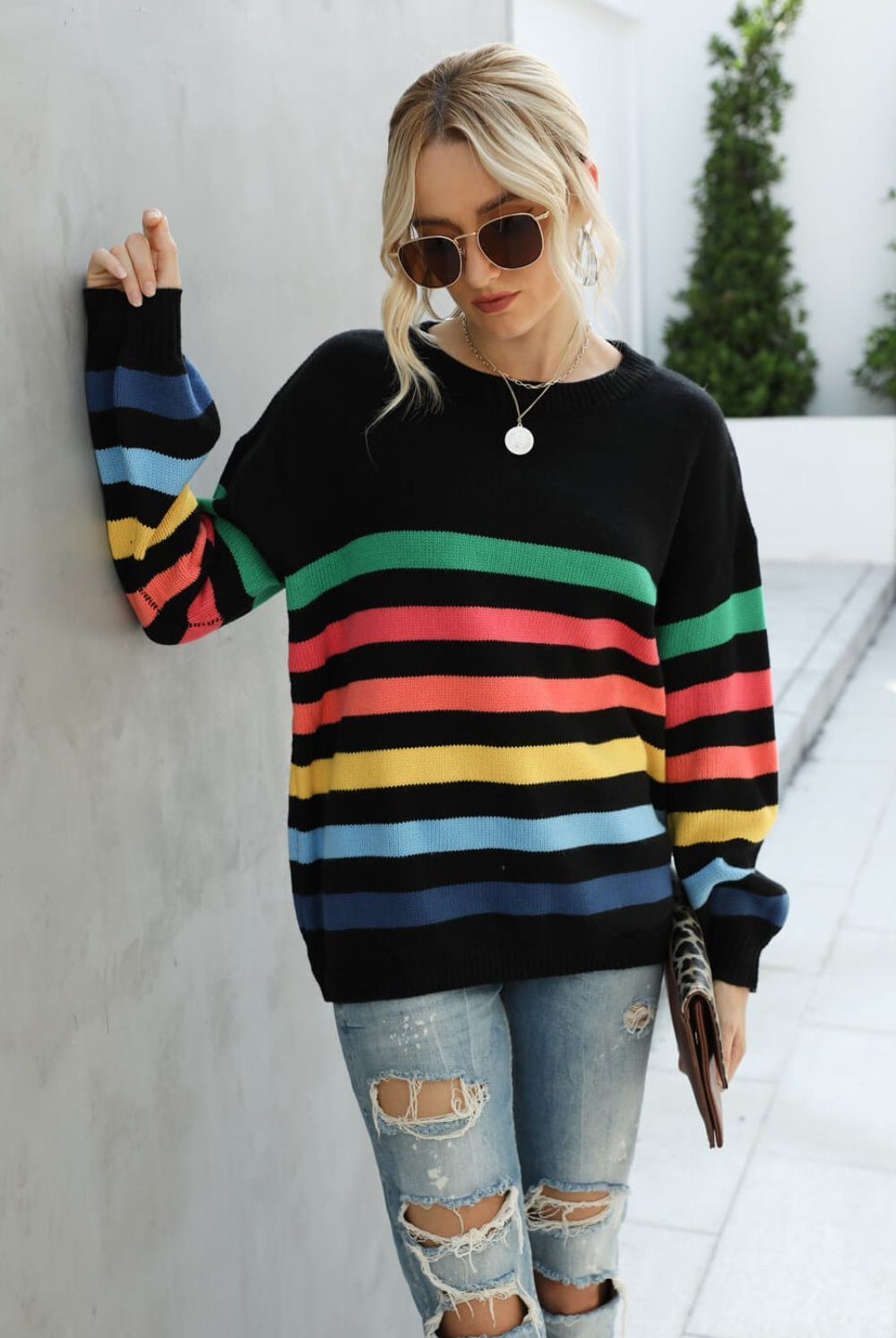 Gray Rainbow Stripe Dropped Shoulder Sweater