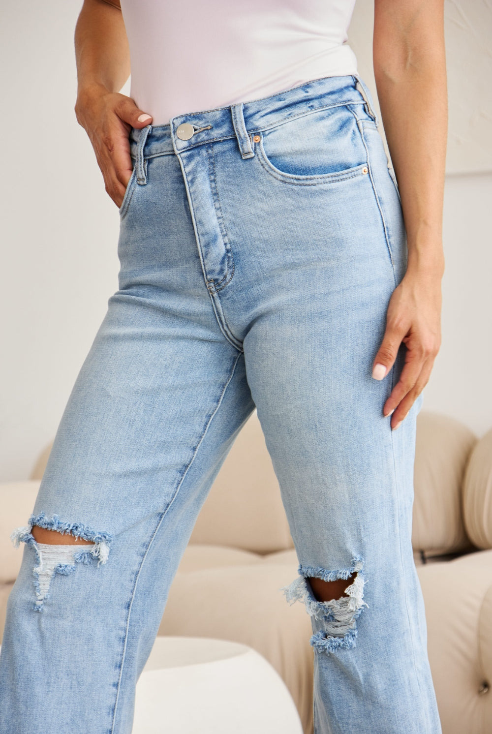 Gray RFM Full Size Tummy Control High Waist Raw Hem Distressed Jeans Denim